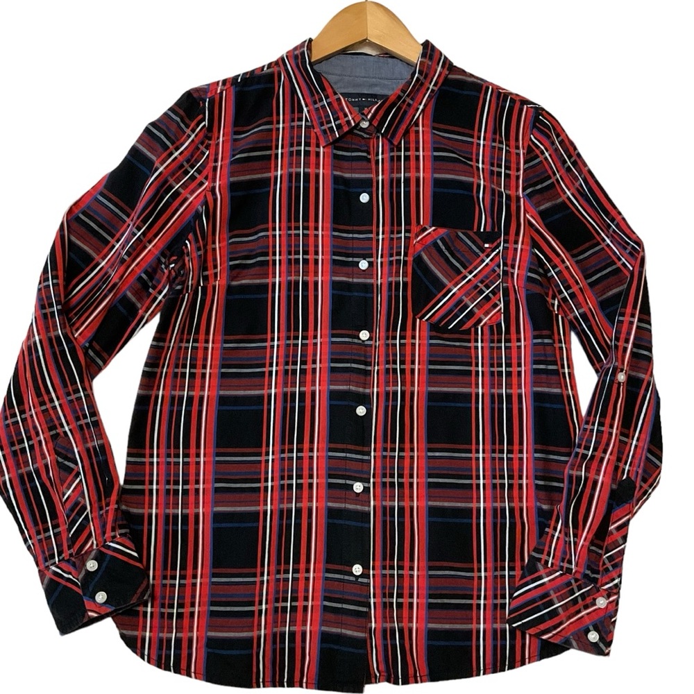 TOMMY HILFIGER sz Medium Button Down Shirt Blouse Plaid Chest Pocket Red Black +
